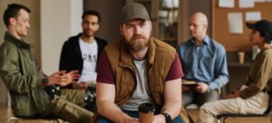 Bearded man with cup of coffee looking at camera while sitting against group of people 